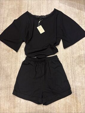 Modesees Black Lace-Trim Short Sleeve Linen shirt and shorts